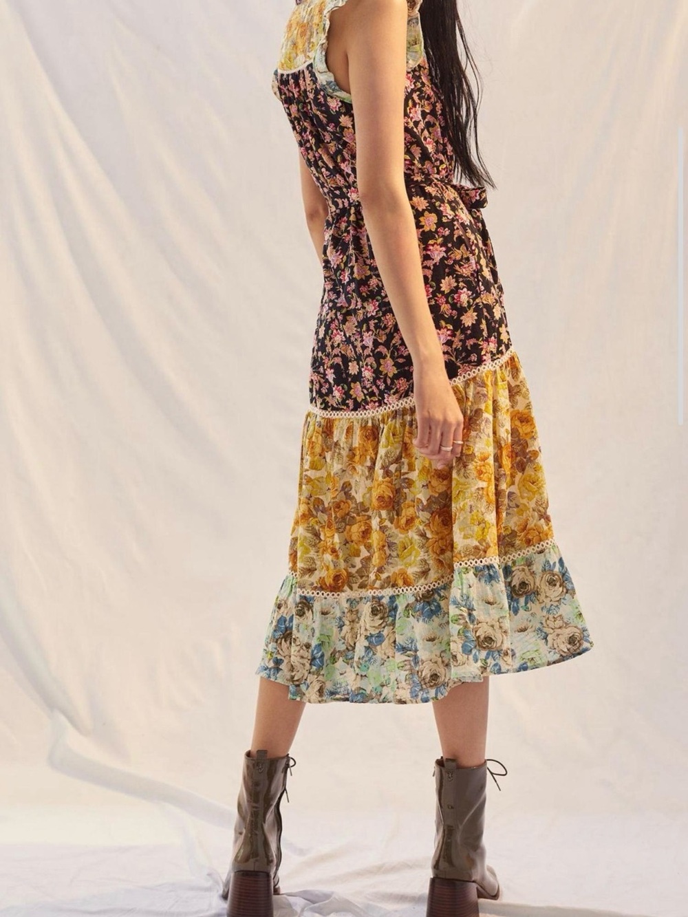 Anthropologie Floral Tiered Maxi Dress in Black and Mustard crochet trim - Picture 3 of 4